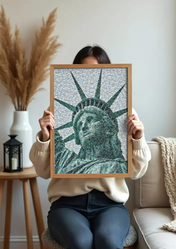 Fotomosaico della Statua della Libertà in cornice di legno in salotto, un regalo per ricordare New York