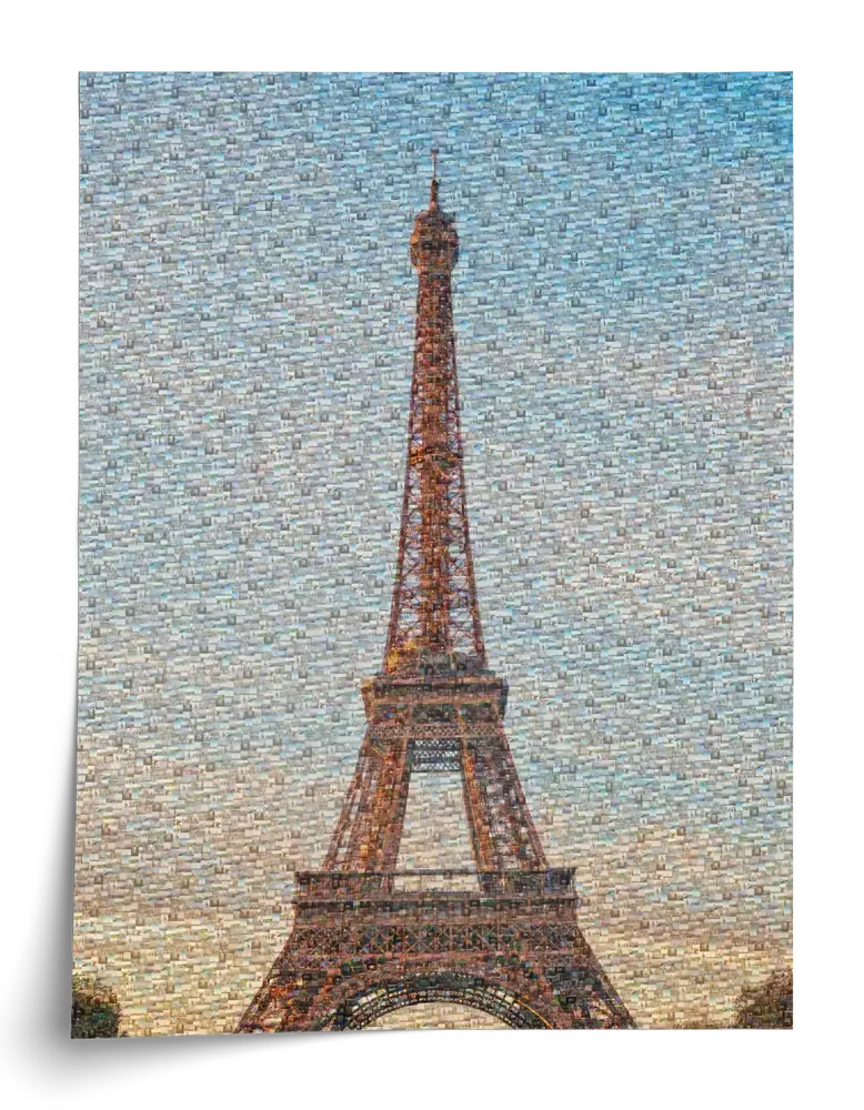Poster verticale senza cornice con la Torre Eiffel in fotomosaico, composta da tante piccole fotografie