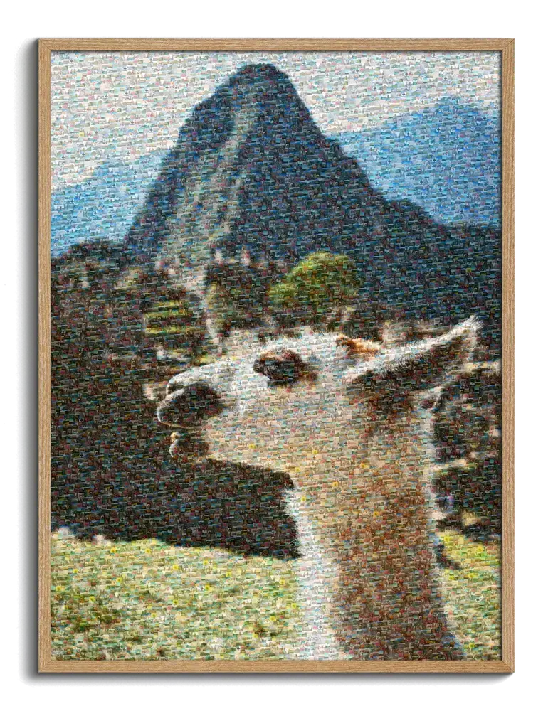 Fotomosaico con due lama davanti a Machu Picchu, in formato verticale con cornice in legno naturale