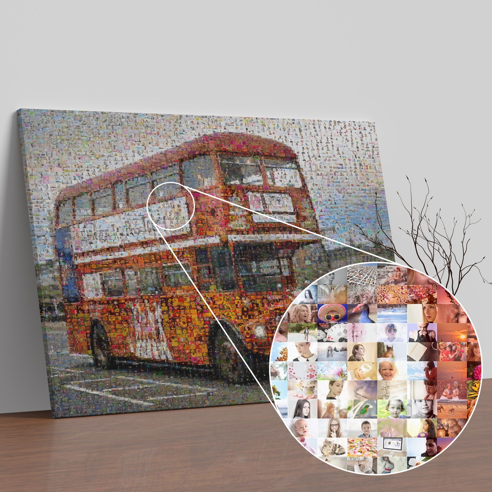 Fotomosaico con autobus rosso a due piani di Londra su un tavolo, con ingrandimento delle singole foto