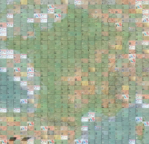 Fotomosaico per un progetto grafico, con una mappa nei toni del verde composta da piccole tessere su sfondo rosso