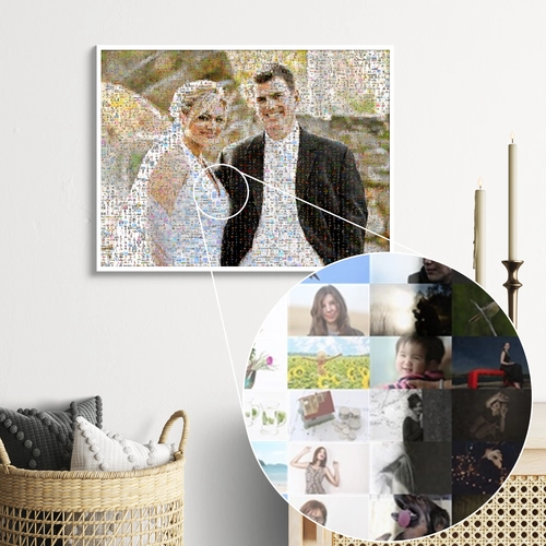 Fotomosaik eines Hochzeitspaars an der Wand, die Lupe zeigt die vielen kleinen Einzelfotos